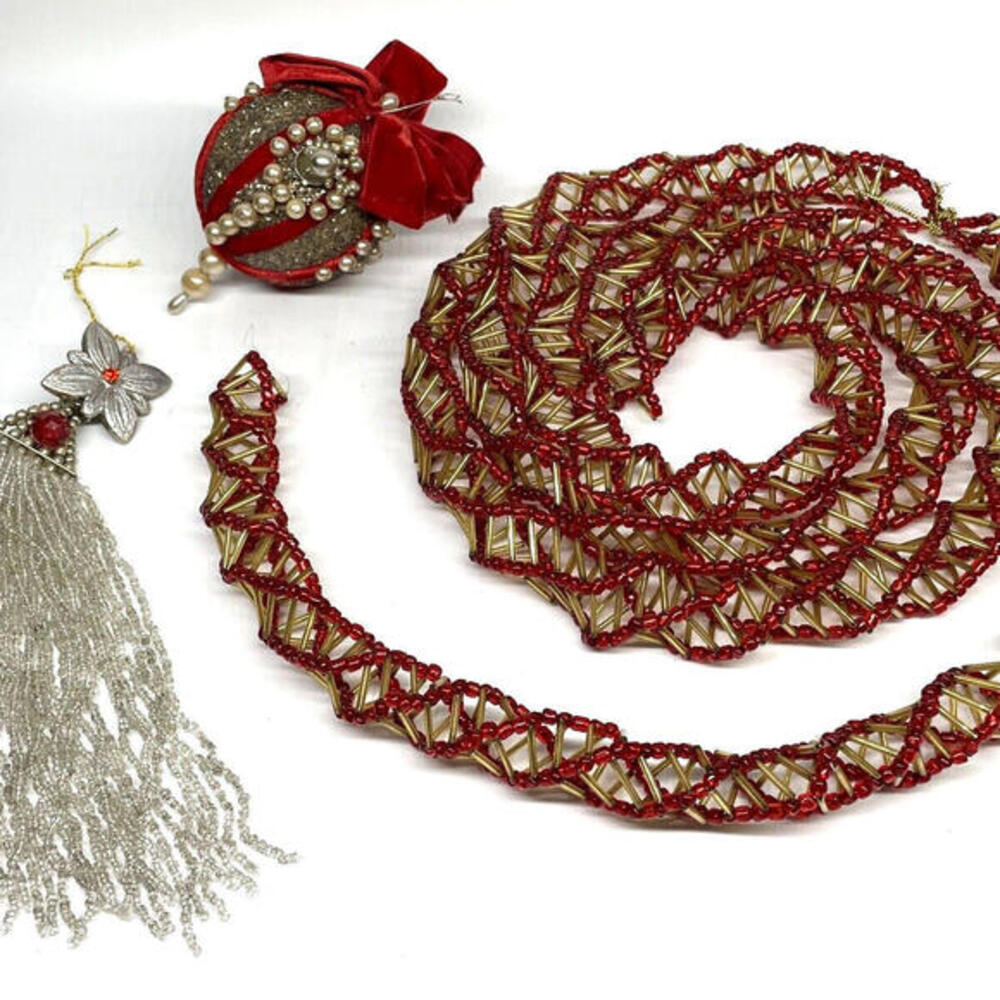 Beaded Christmas Ornaments and Garland Glass Beads Red Push Pin Velvet Vintage